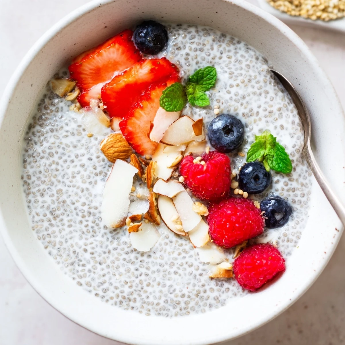 Silky Chia Seed Pudding spoonful showing almond milk and maple syrup