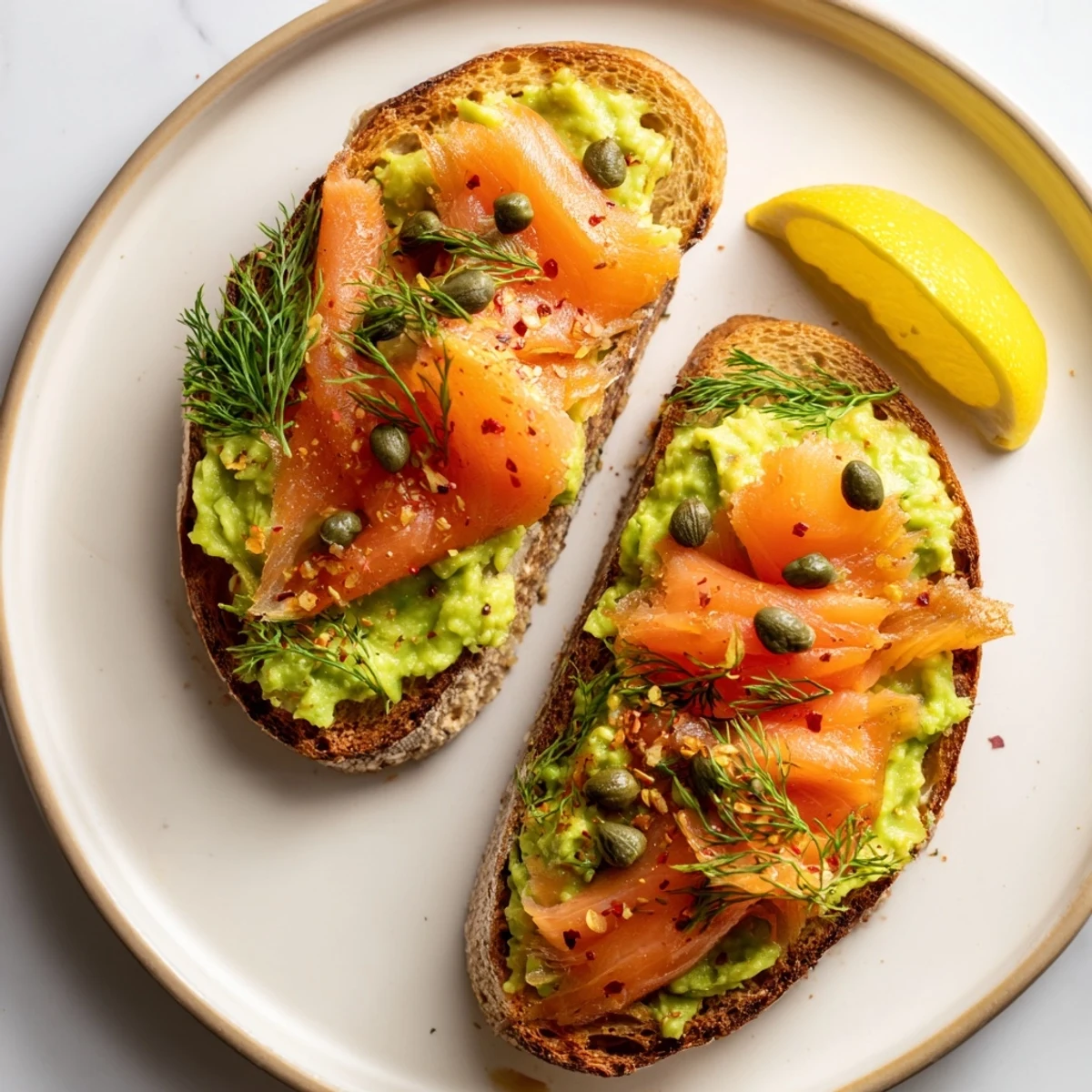 Salmon Avocado Toast on golden sourdough, silky smoked salmon and lemon.