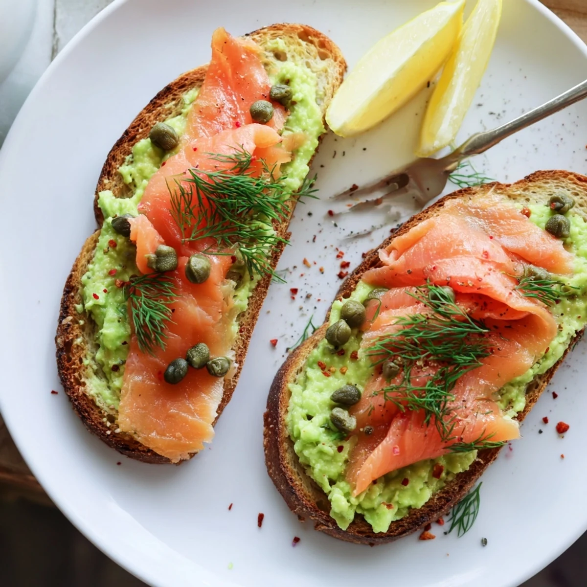 Citrus-bright Salmon Avocado Toast garnished with capers and fresh dill.