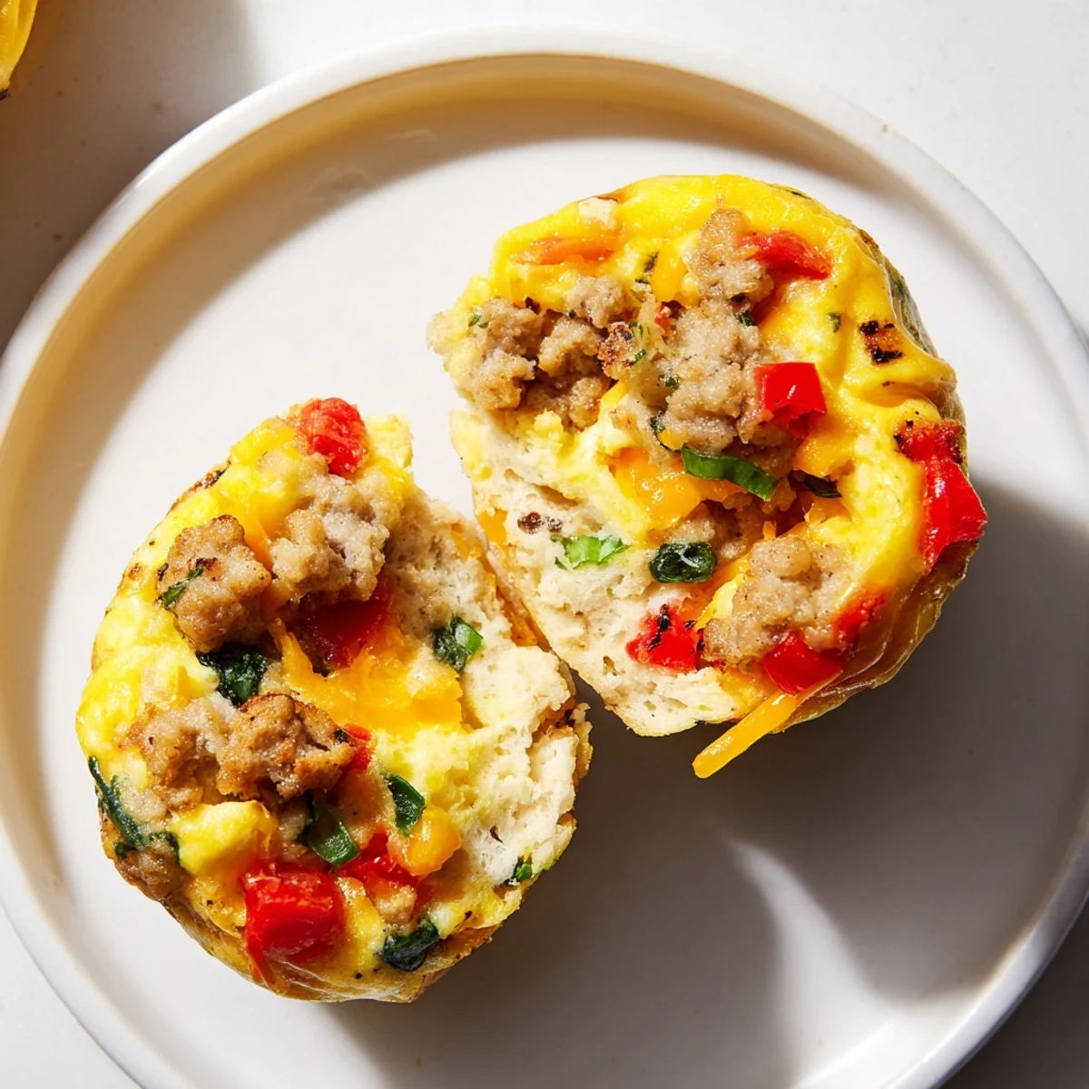 Warm Turkey Sausage Egg Muffins served on plate with fresh spinach