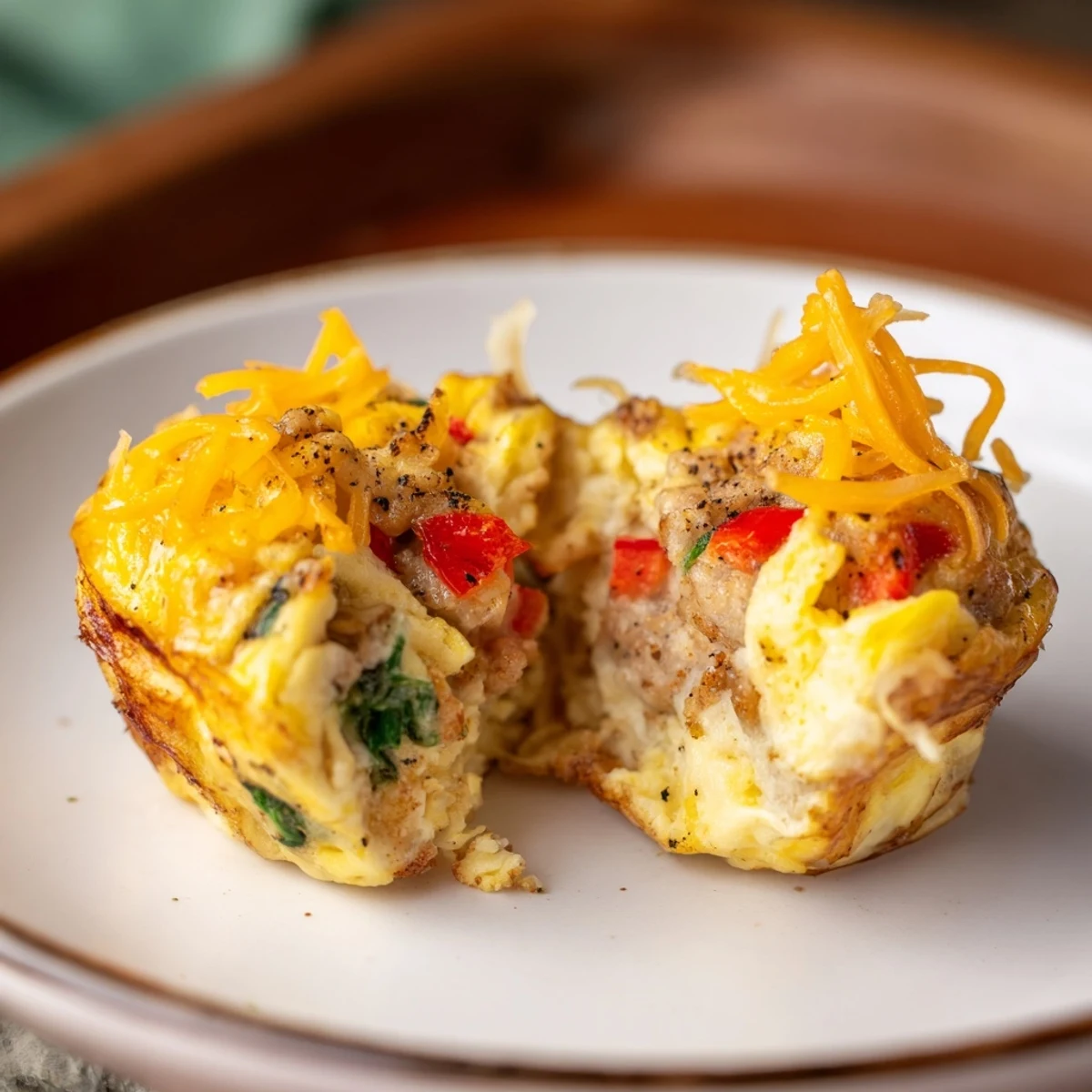 Stack of Turkey Sausage Egg Muffins showing cheesy centers and browned edges