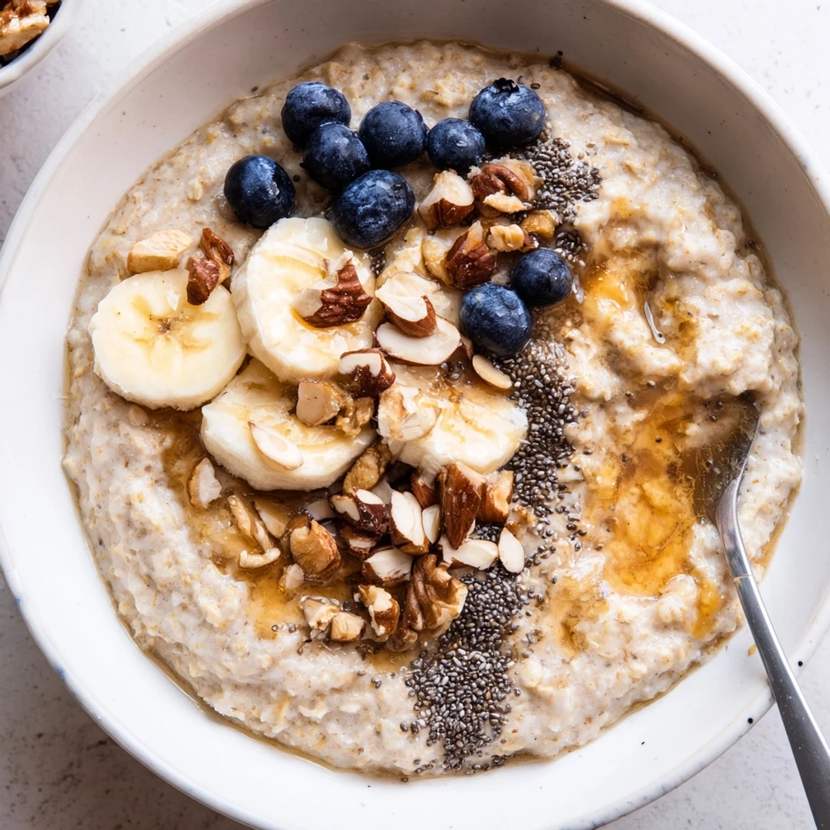 Creamy Protein Oatmeal steaming in a bowl, topped with banana slices.