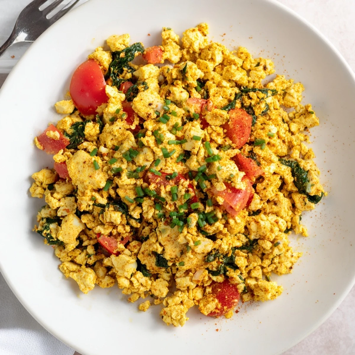 Skillet Tofu Scramble glistening with turmeric, spinach, and bell pepper
