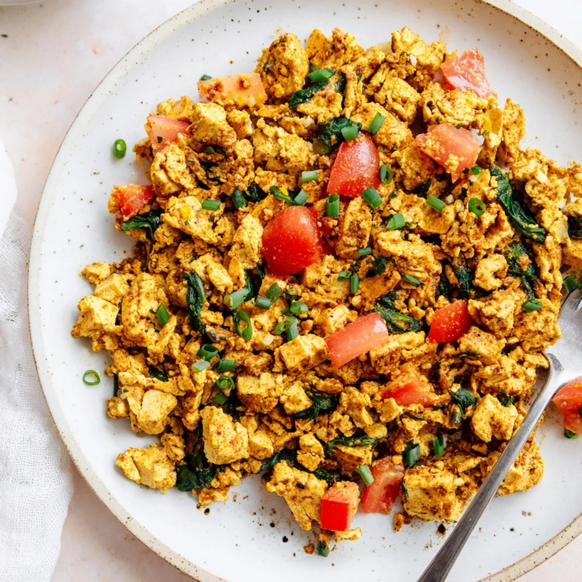 Creamy breakfast served: Tofu Scramble on toast with avocado and chives