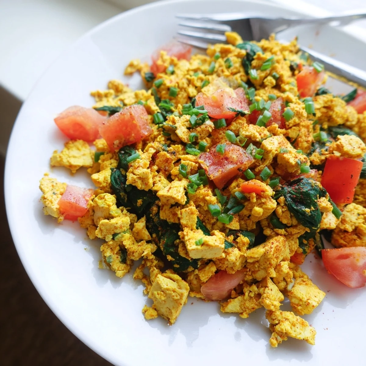 Aromatic Tofu Scramble tossed with cumin, wilted spinach, and chopped tomatoes