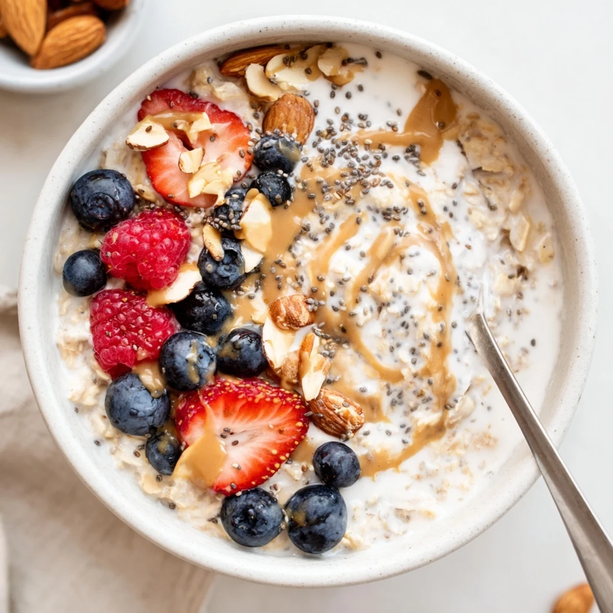 Make-ahead Protein Overnight Oats spooned into bowls with nut butter swirl.