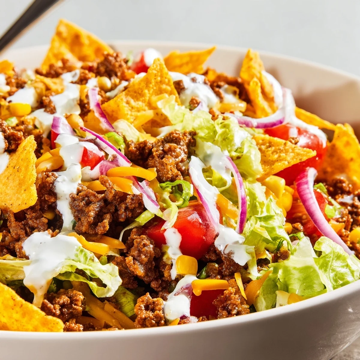 Simple Doritos Taco Salad with warm seasoned beef and crunchy chips