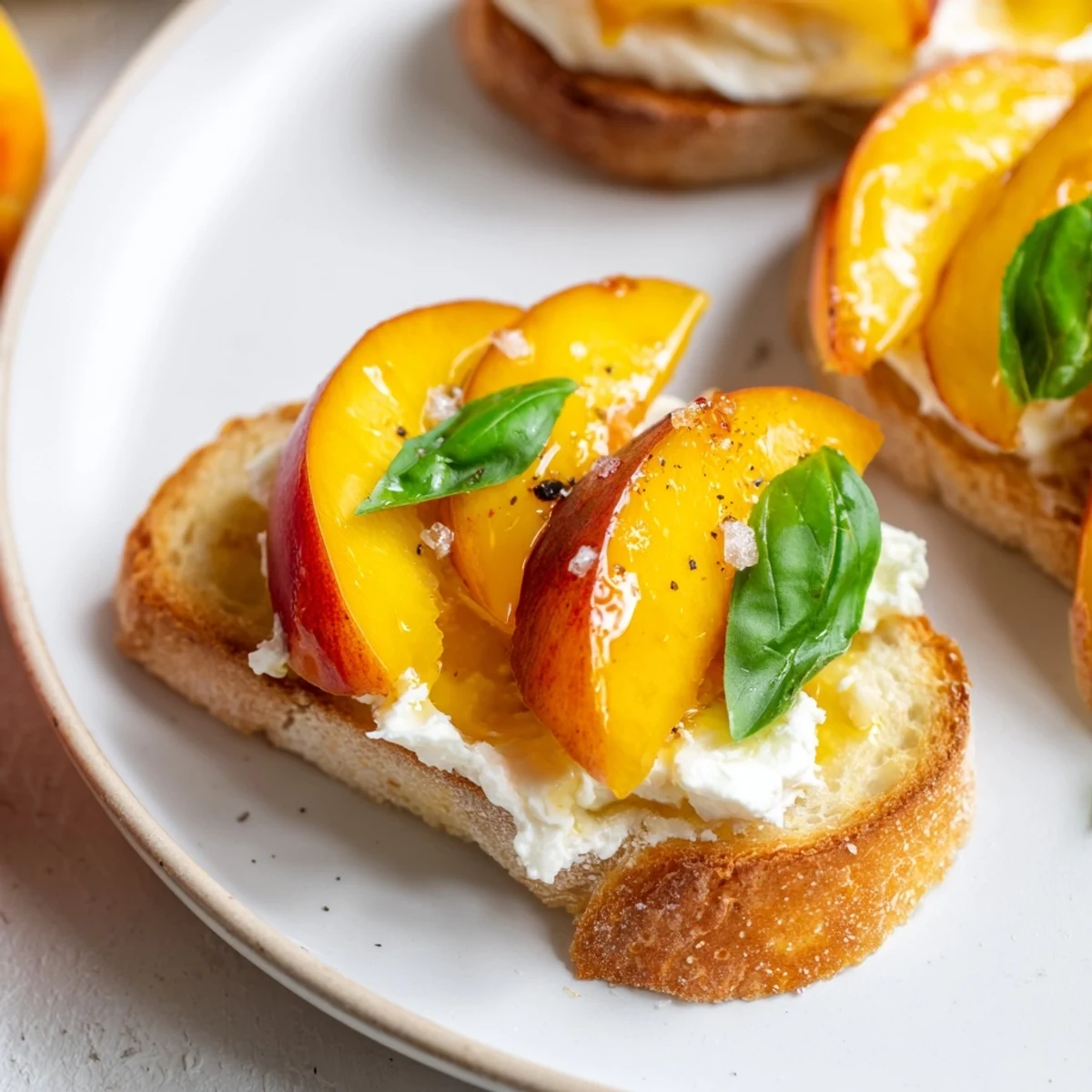 Peach Bruschetta With Whipped Ricotta on golden toasted baguette, honey drizzle.