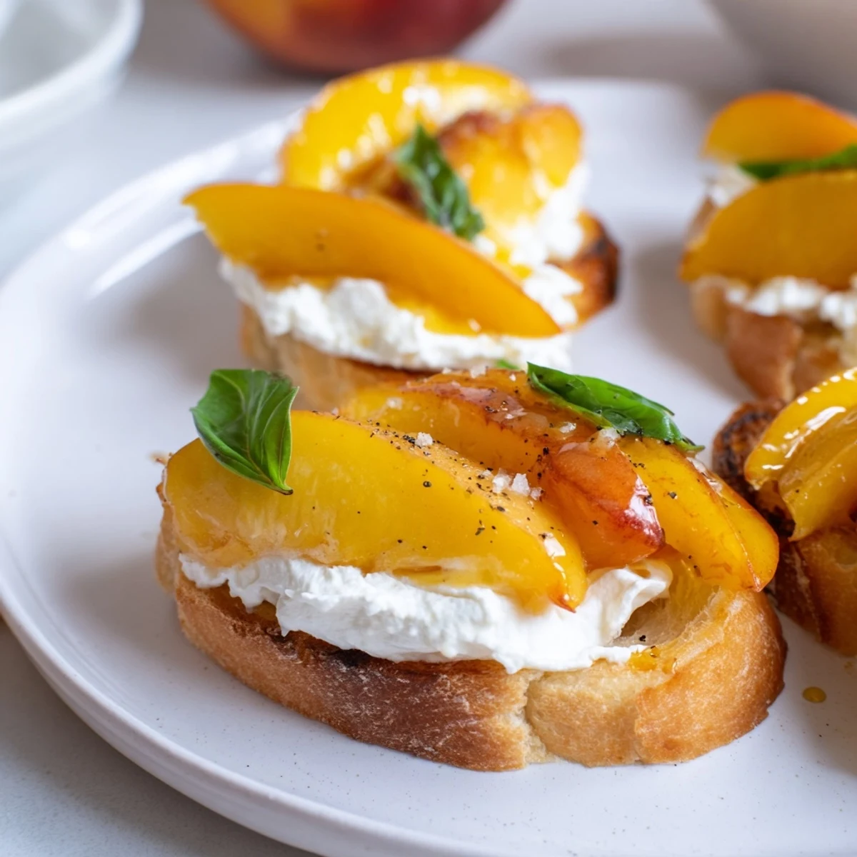 Peach Bruschetta With Whipped Ricotta topped with torn basil and cracked pepper.