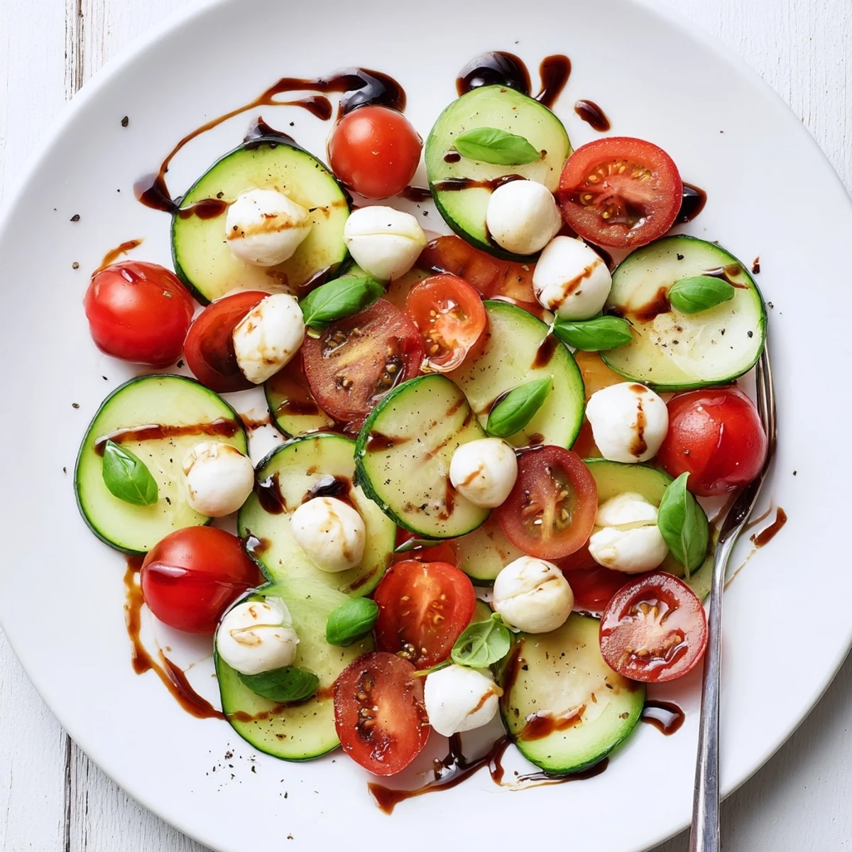Bright Juicy Cucumber Caprese Salad layered with ripe tomatoes and creamy mozzarella.