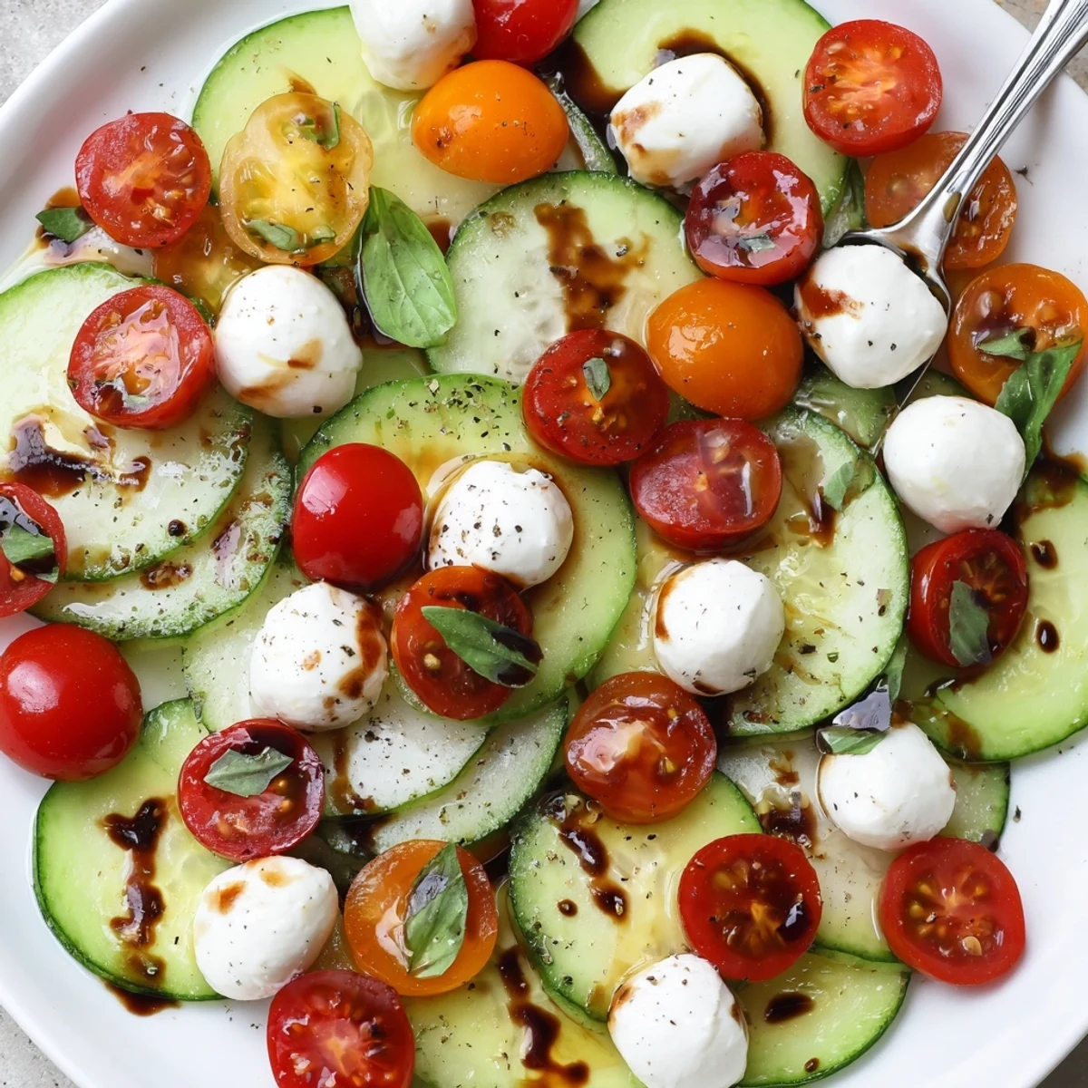 Juicy Cucumber Caprese Salad with glossy balsamic glaze, cool cucumber crunch.