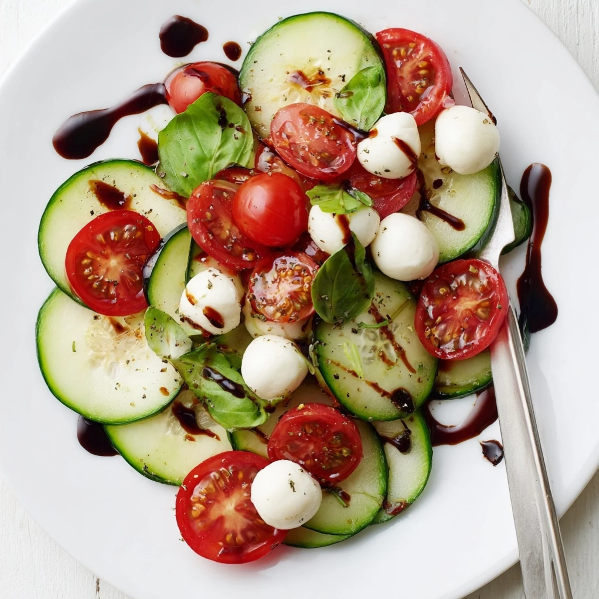 Serve Juicy Cucumber Caprese Salad chilled, garnished with torn basil and pepper.