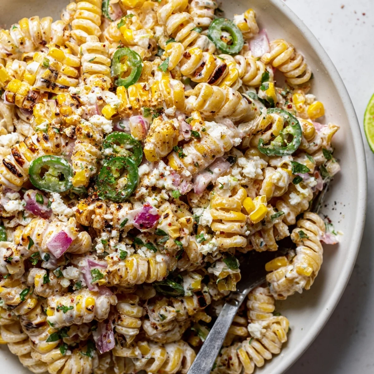 A bowl of Juicy Street Corn Pasta Salad with charred kernels, cotija