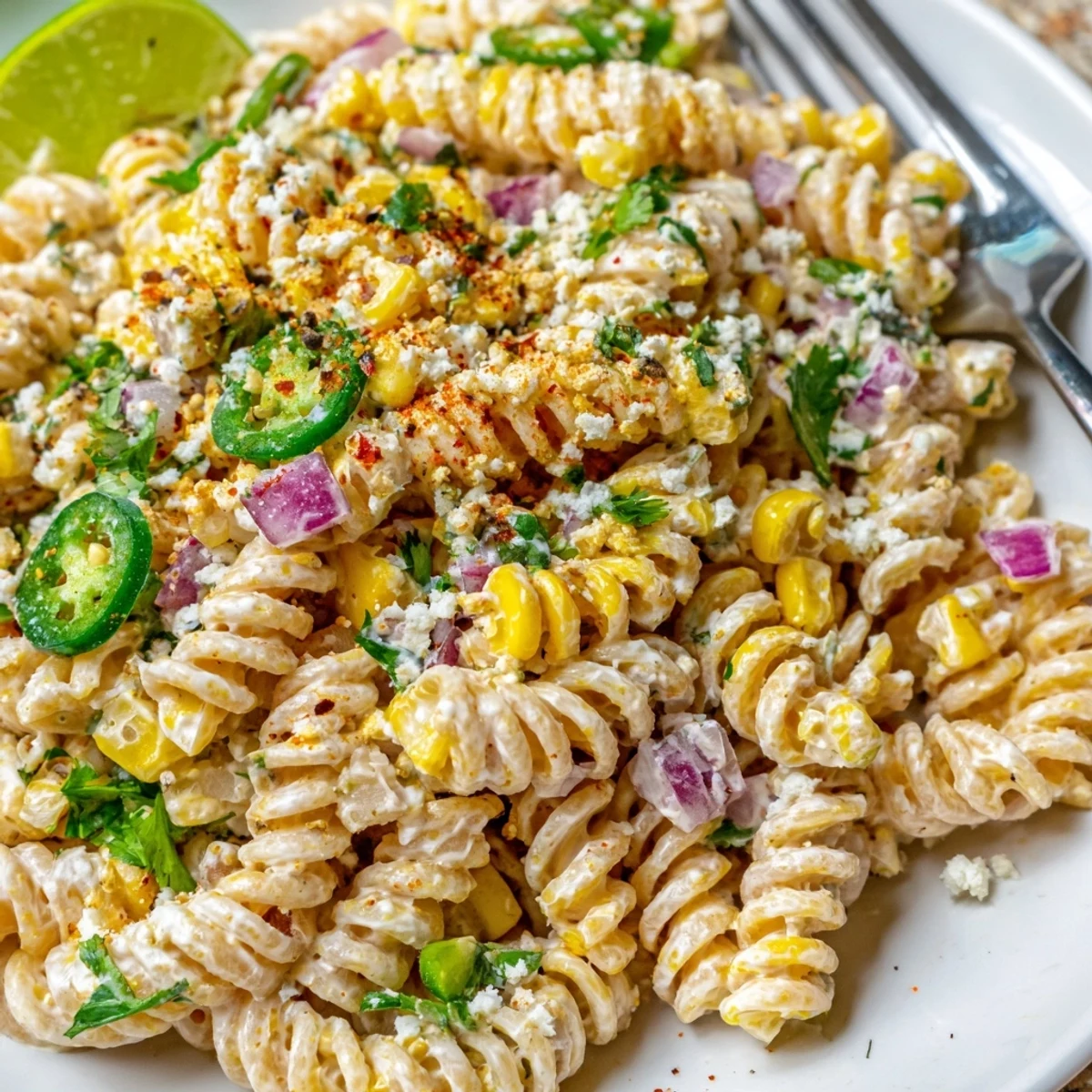 Juicy Street Corn Pasta Salad chilled, creamy lime dressing and cilantro sparkle