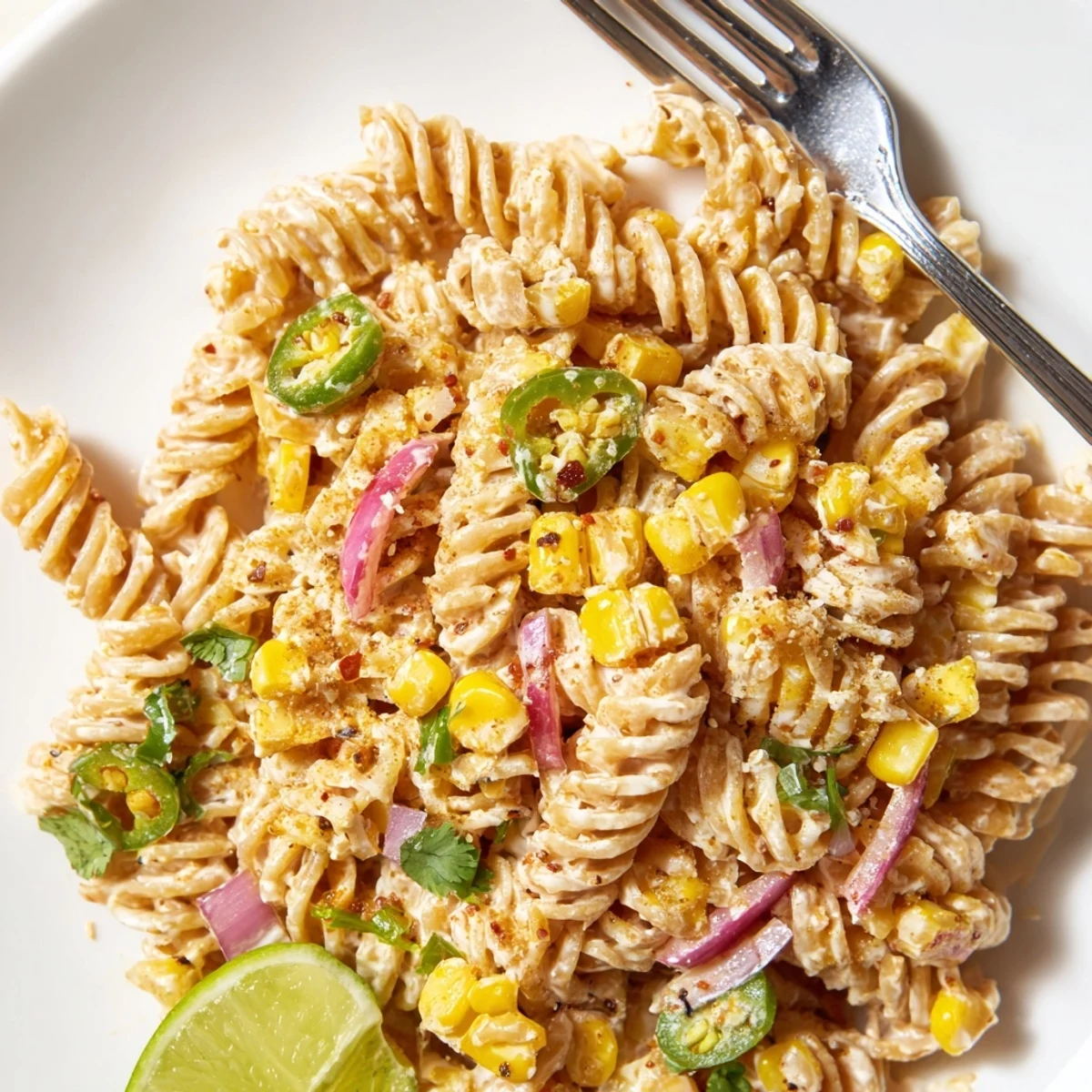 Juicy Street Corn Pasta Salad tossed with smoky grilled corn, jalapeño heat