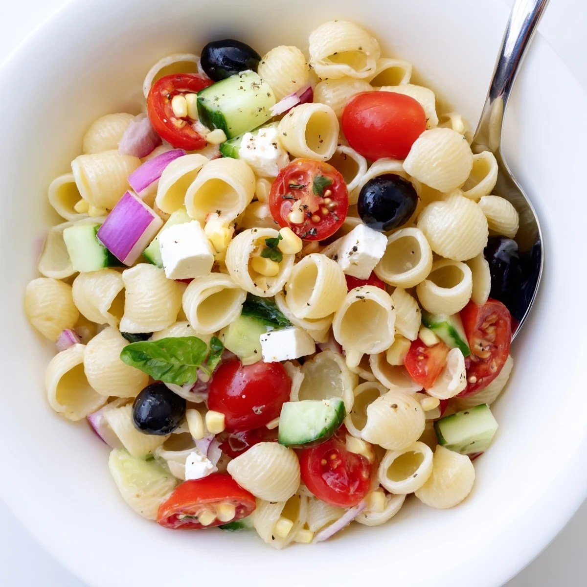 Chilled Pasta Salad Cups piled in clear cups, feta crumbles and basil