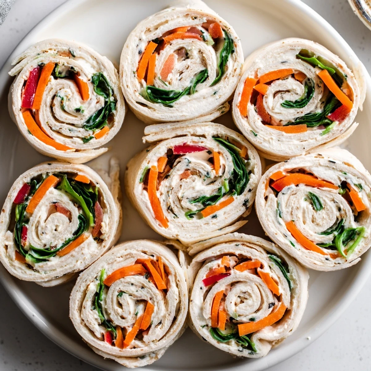 Pinwheel Sandwiches arranged on platter with colorful vegetables and creamy filling.