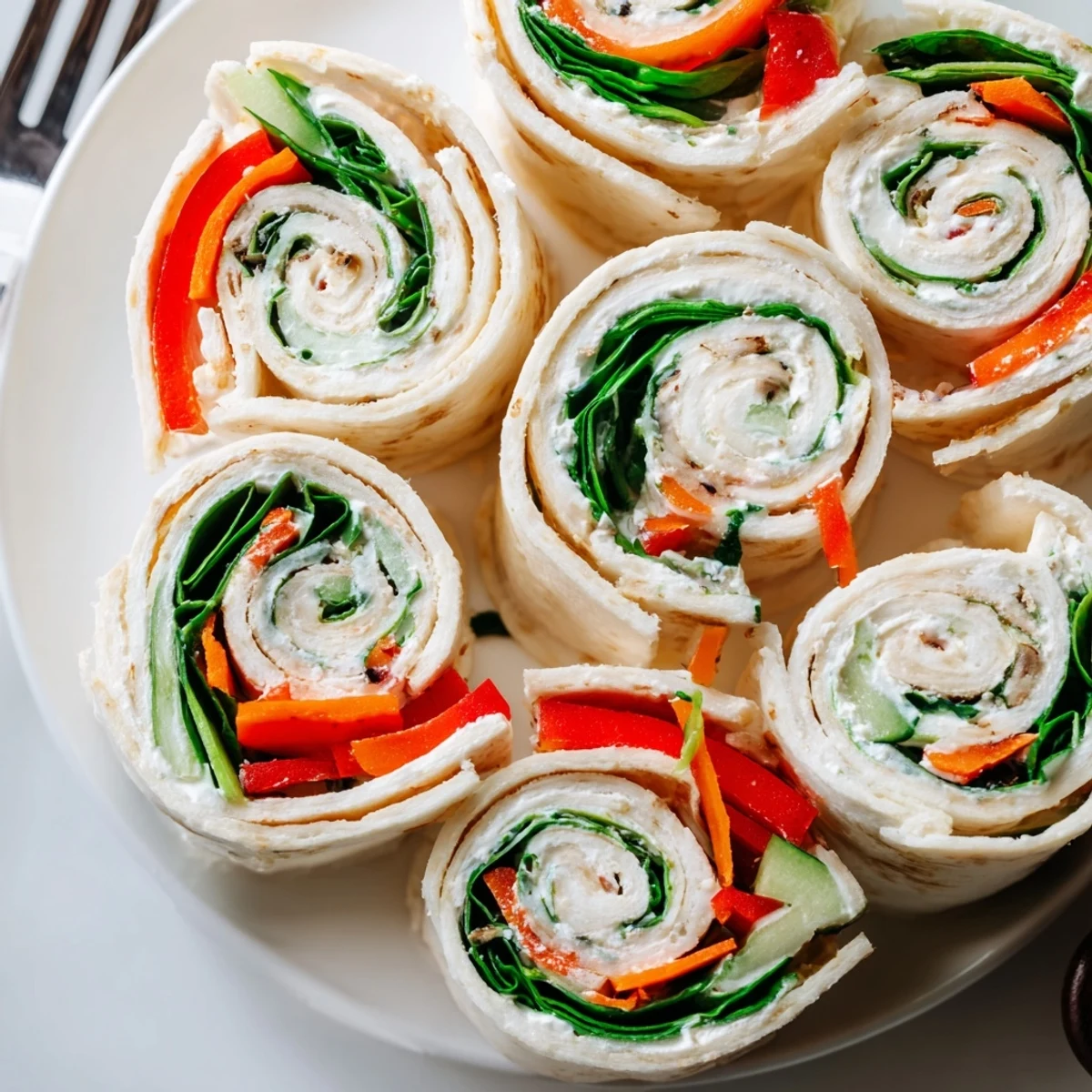 Party ready Pinwheel Sandwiches on cutting board with carrot ribbons and herbed spread.