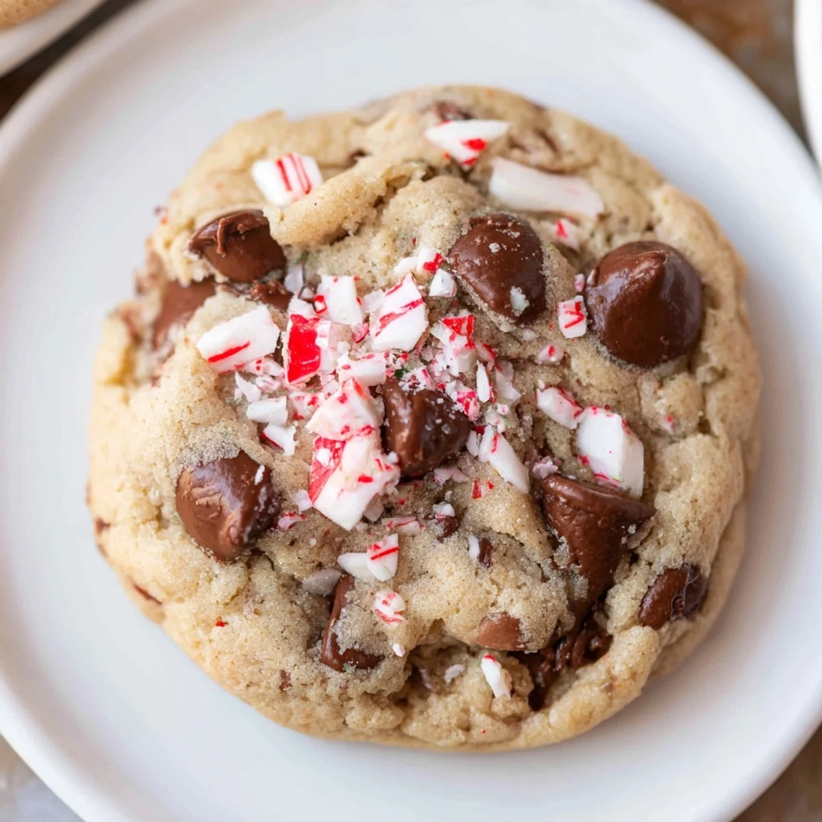 Peppermint Chocolate Chip Cookies on a cooling rack, glossy chips and peppermint flecks