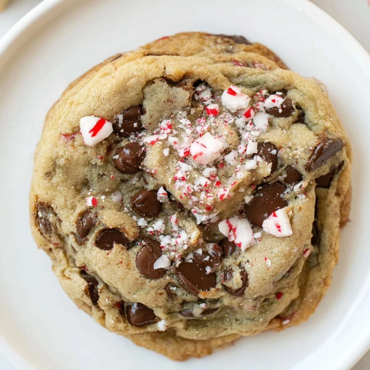 Warm Peppermint Chocolate Chip Cookies with crushed candy cane topping, steaming on plate