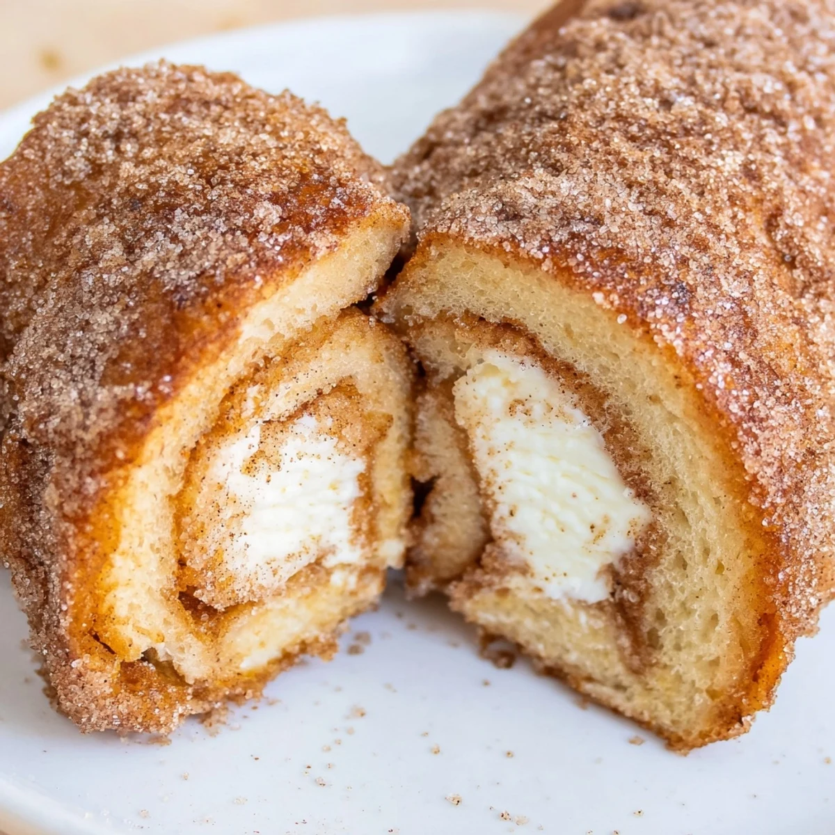 Stacked Cinnamon Roll French Toast Roll Ups on plate, drizzled with maple syrup