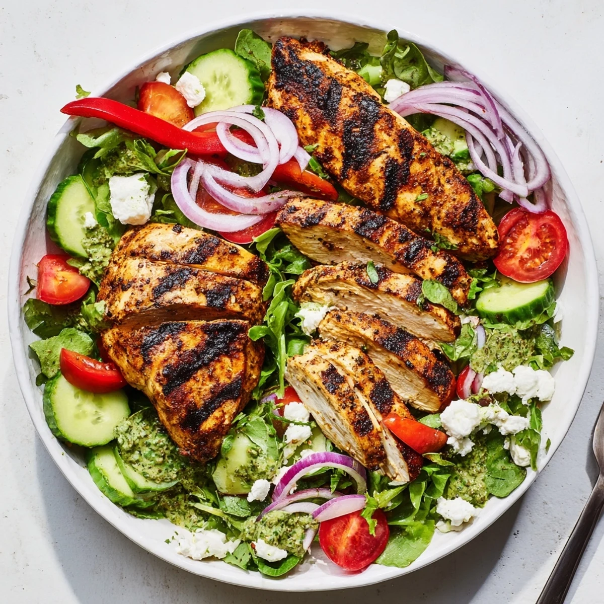 Juicy char marks and feta crumble on Grilled Chicken Salad Avocado Herb Dressing Recipe