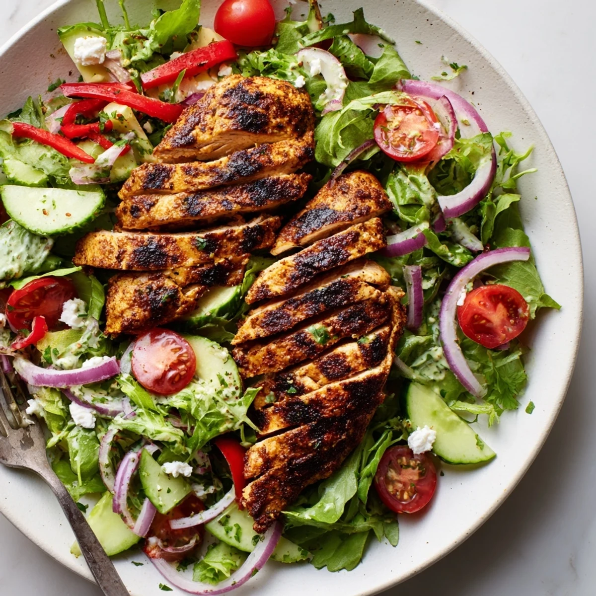 Grilled Chicken Salad Avocado Herb Dressing Recipe drizzled with creamy lime dressing, vibrant greens