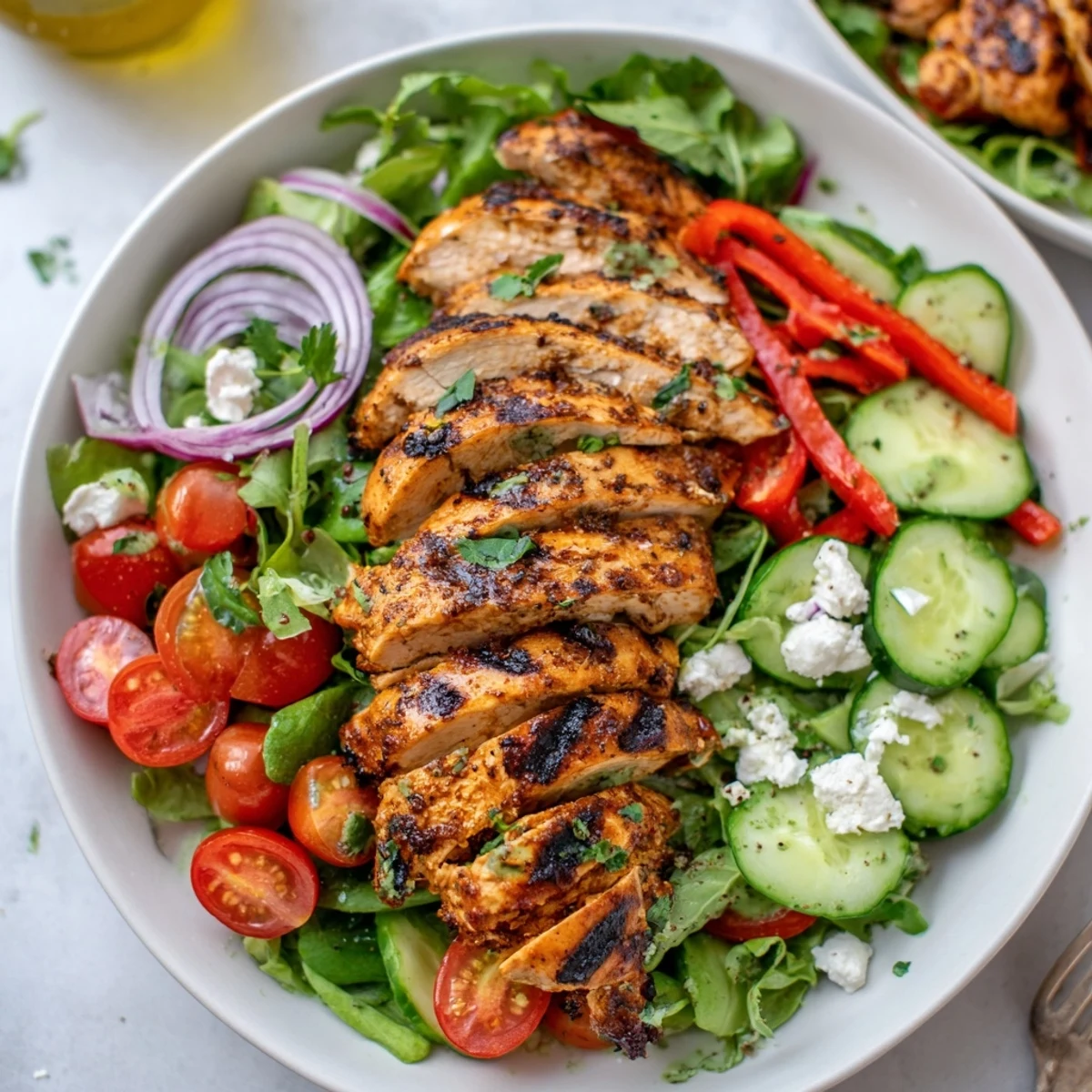 Grilled Chicken Salad Avocado Herb Dressing Recipe perfect for light lunch, smoky sliced chicken