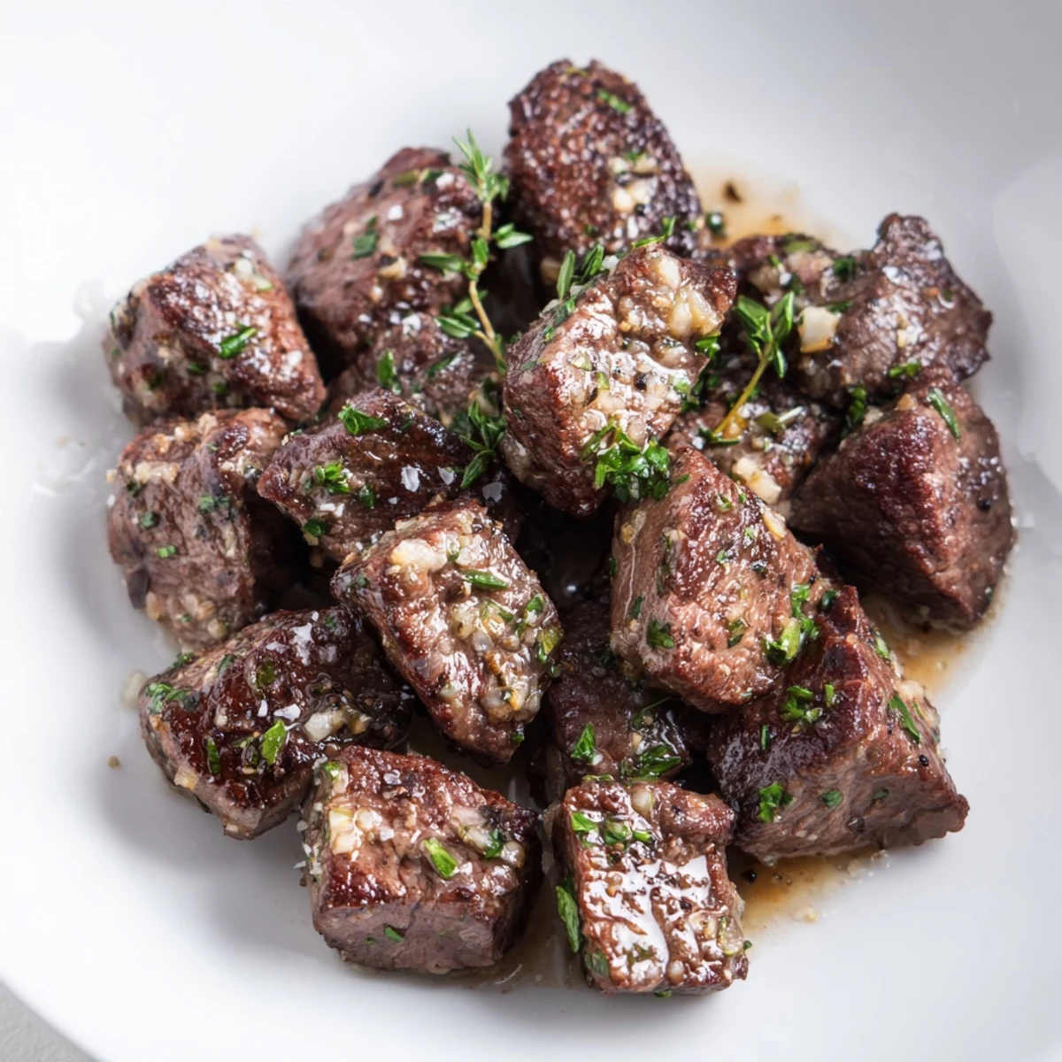 Garlic Butter Steak Bites glistening with melted butter, herbs, and coarse sea salt