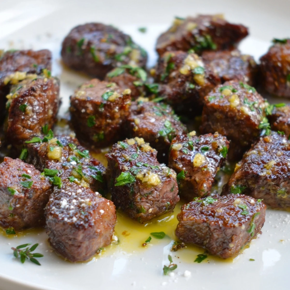 Tender Garlic Butter Steak Bites tossed in buttery sauce, served over mashed potatoes