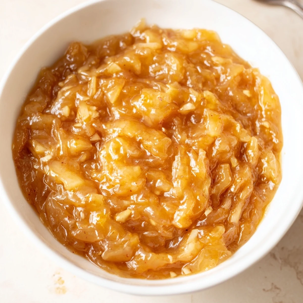 Fall Caramel Apple Jam glistening in jars, golden chunks, warm cinnamon aroma