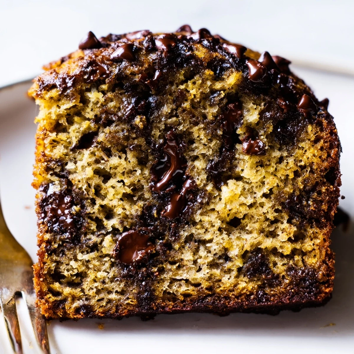 Warm Banana Chocolate Chip Cake cooling on a rack, golden edges, gooey chips