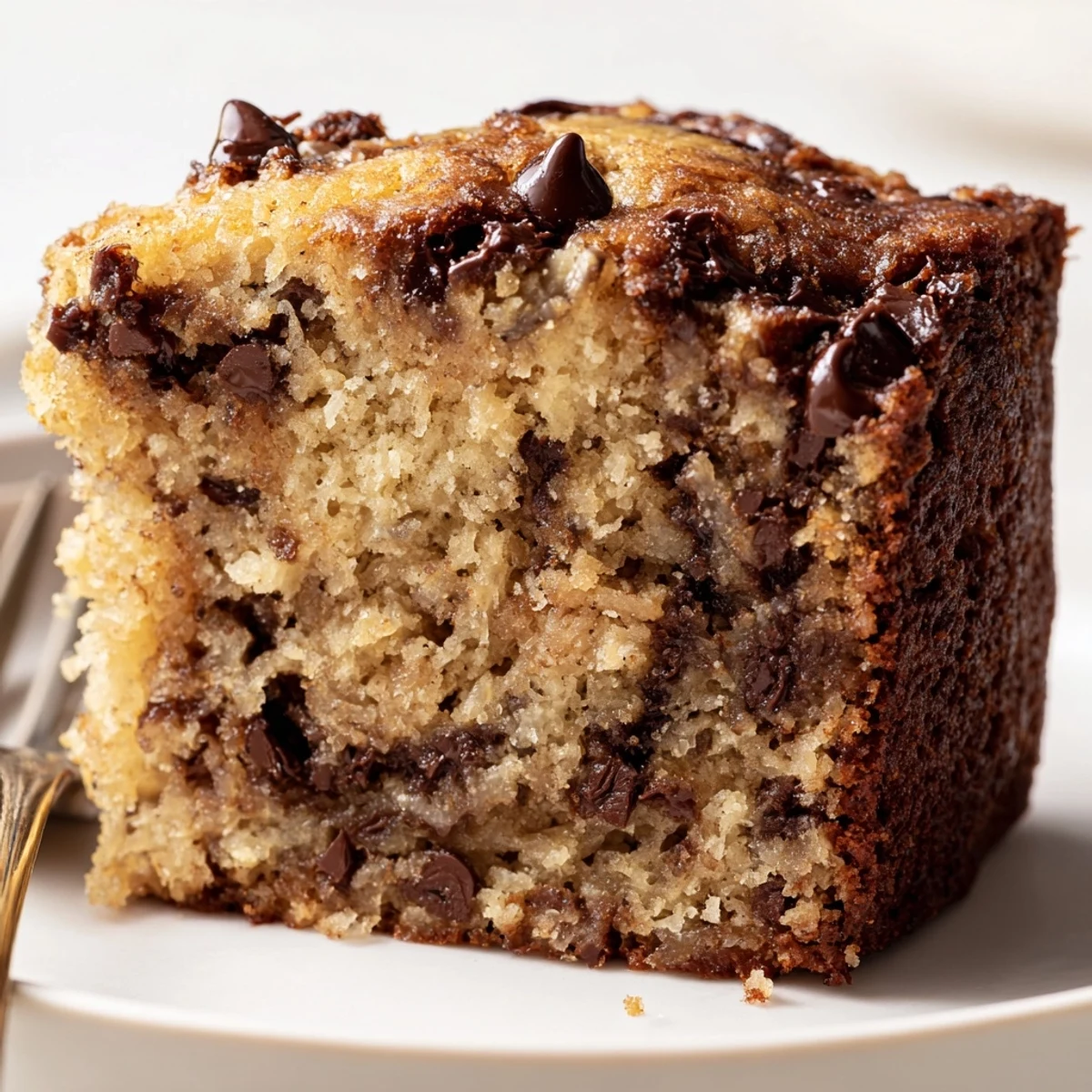 Sliced Banana Chocolate Chip Cake Recipe served warm with melting vanilla ice cream