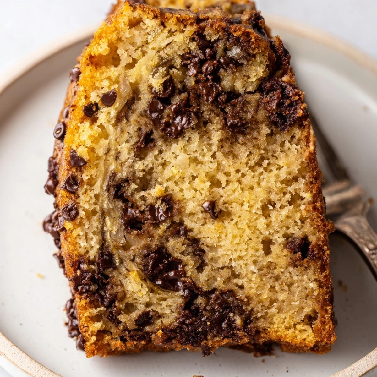 Moist Banana Chocolate Chip Cake studded with melted chips, quick weeknight dessert