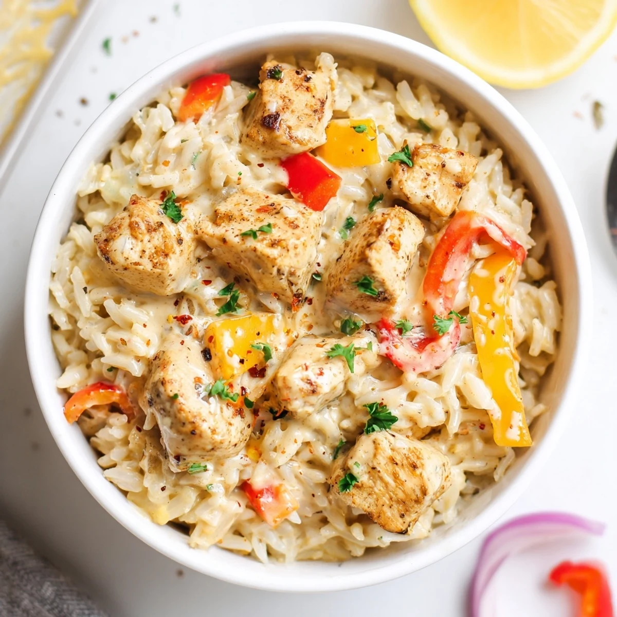 Creamy Cajun Chicken Rice Bowls steaming in bowl, tender chicken, rich sauce.  