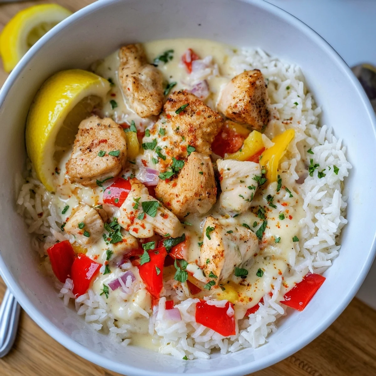Skillet-made Creamy Cajun Chicken Rice Bowls with sauteed peppers and creamy parmesan.  