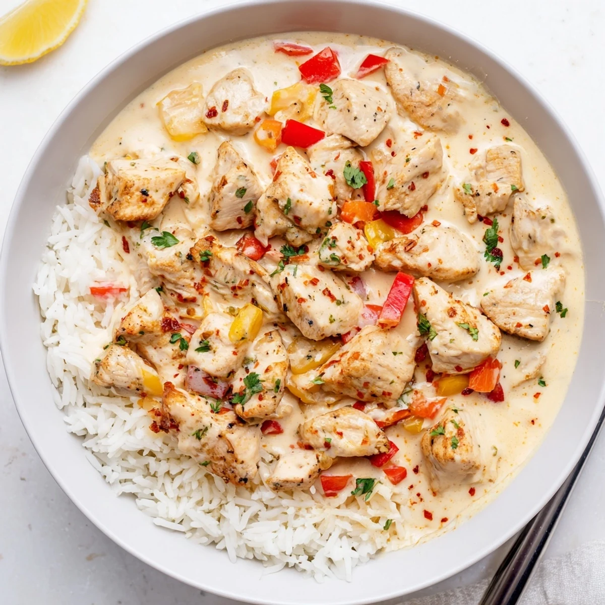 Bright Creamy Cajun Chicken Rice Bowls topped with parsley, lemon wedge, fragrant spices.