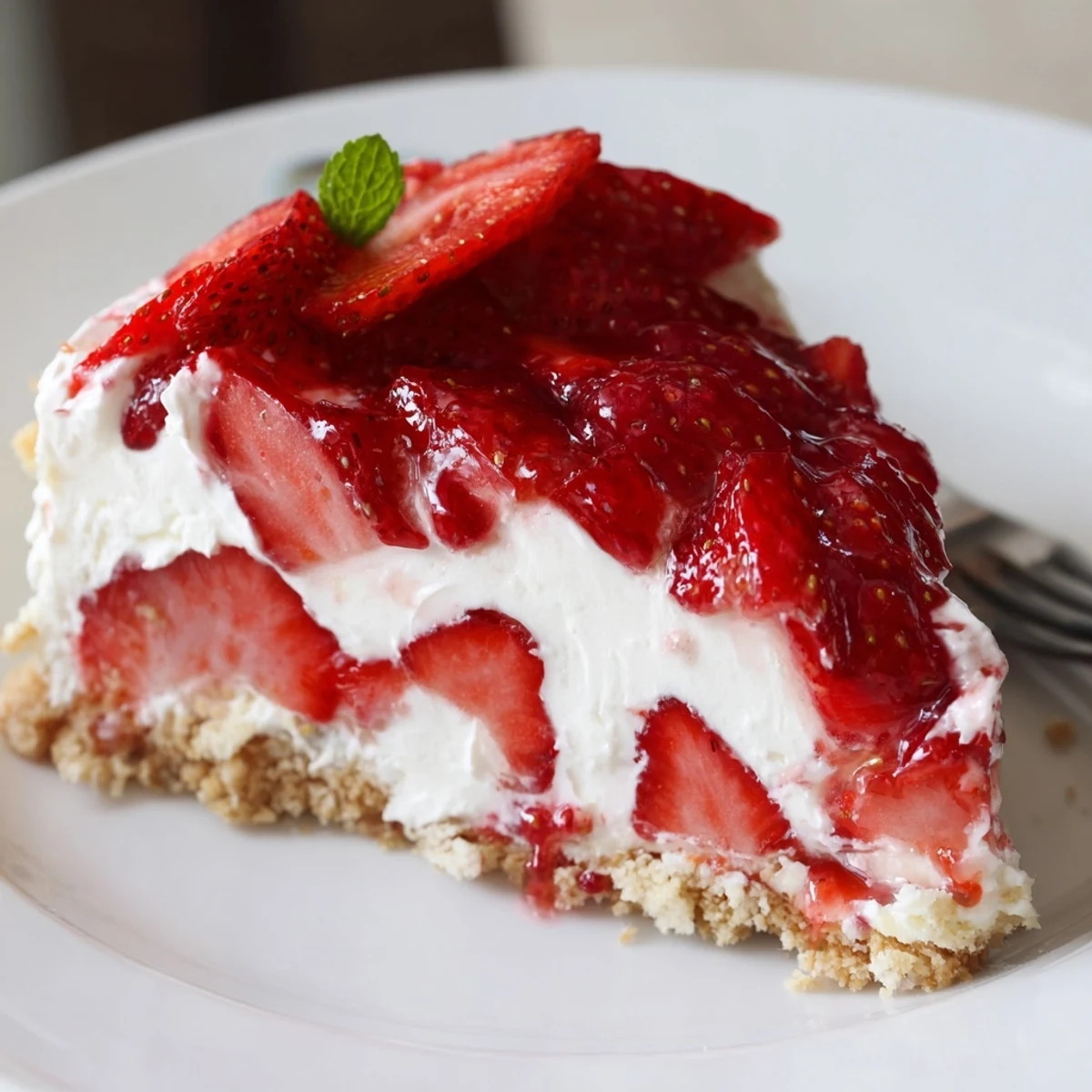 No Bake Strawberry Shortcake Dessert layered with creamy filling and juicy strawberries