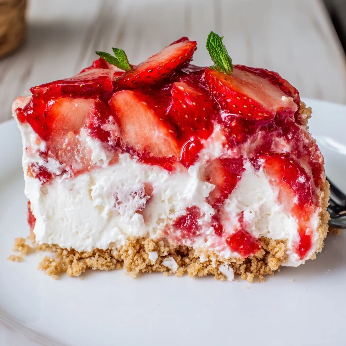 Chilled No Bake Strawberry Shortcake Dessert in dish, graham cracker base, fresh berries
