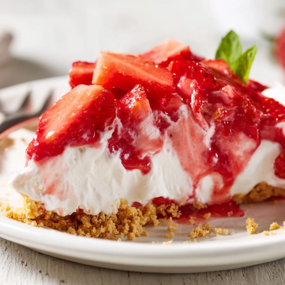 Easy No Bake Strawberry Shortcake Dessert topped with mint, ready to serve chilled