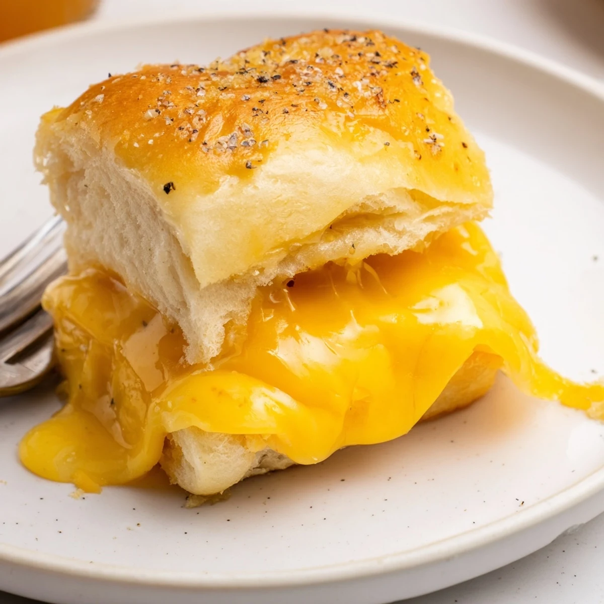 Stack of Mini Grilled Cheese Hawaiian Rolls cut, steam rising, paired with soup