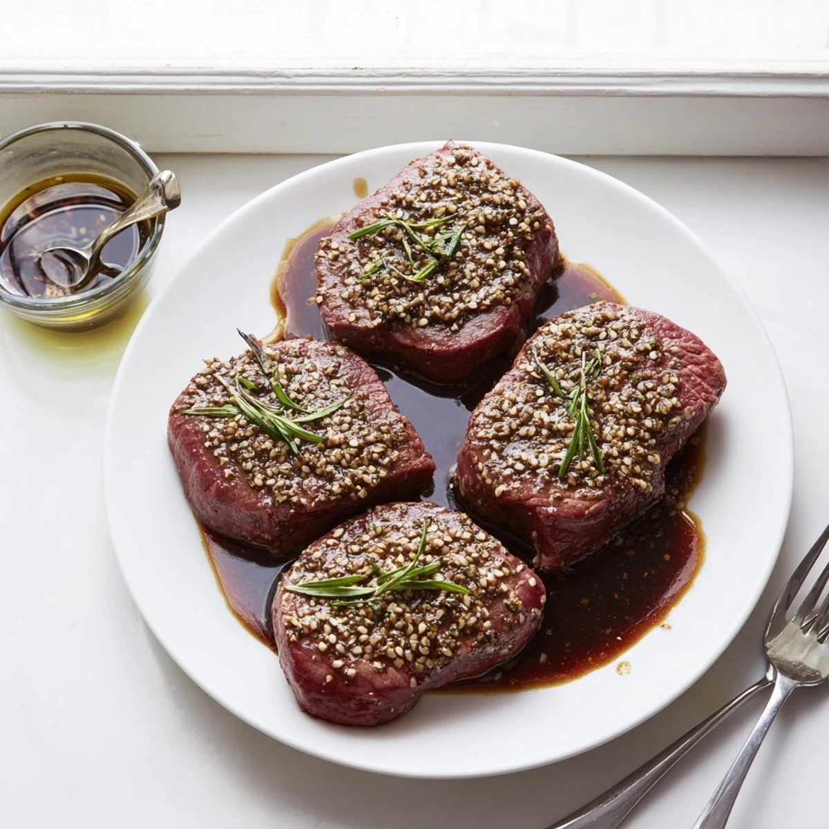 Steak Marinade brushed onto sirloin before searing, glossy, savory aroma