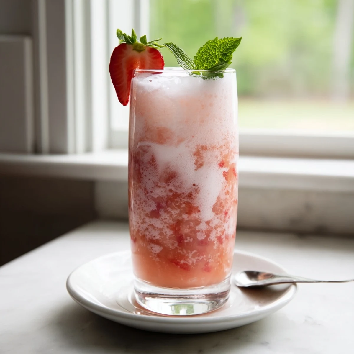 Creamy Strawberry Coconut Cooler Recipe blended with lime, ice, tropical aroma.
