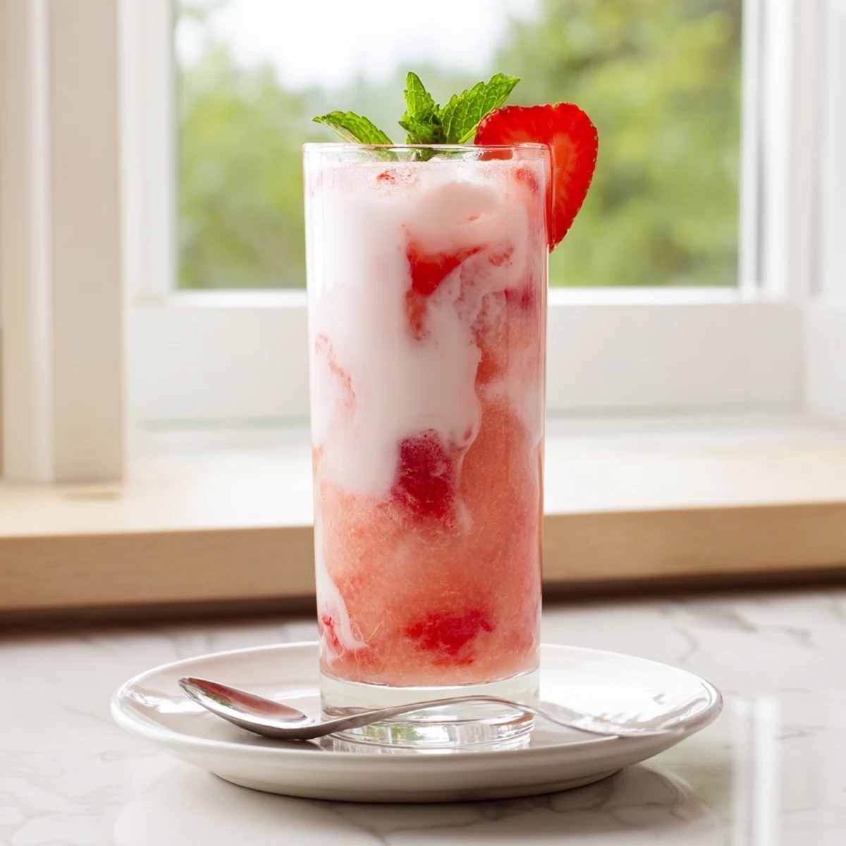Strawberry Coconut Cooler Recipe, frothy chilled drink garnished with mint.  