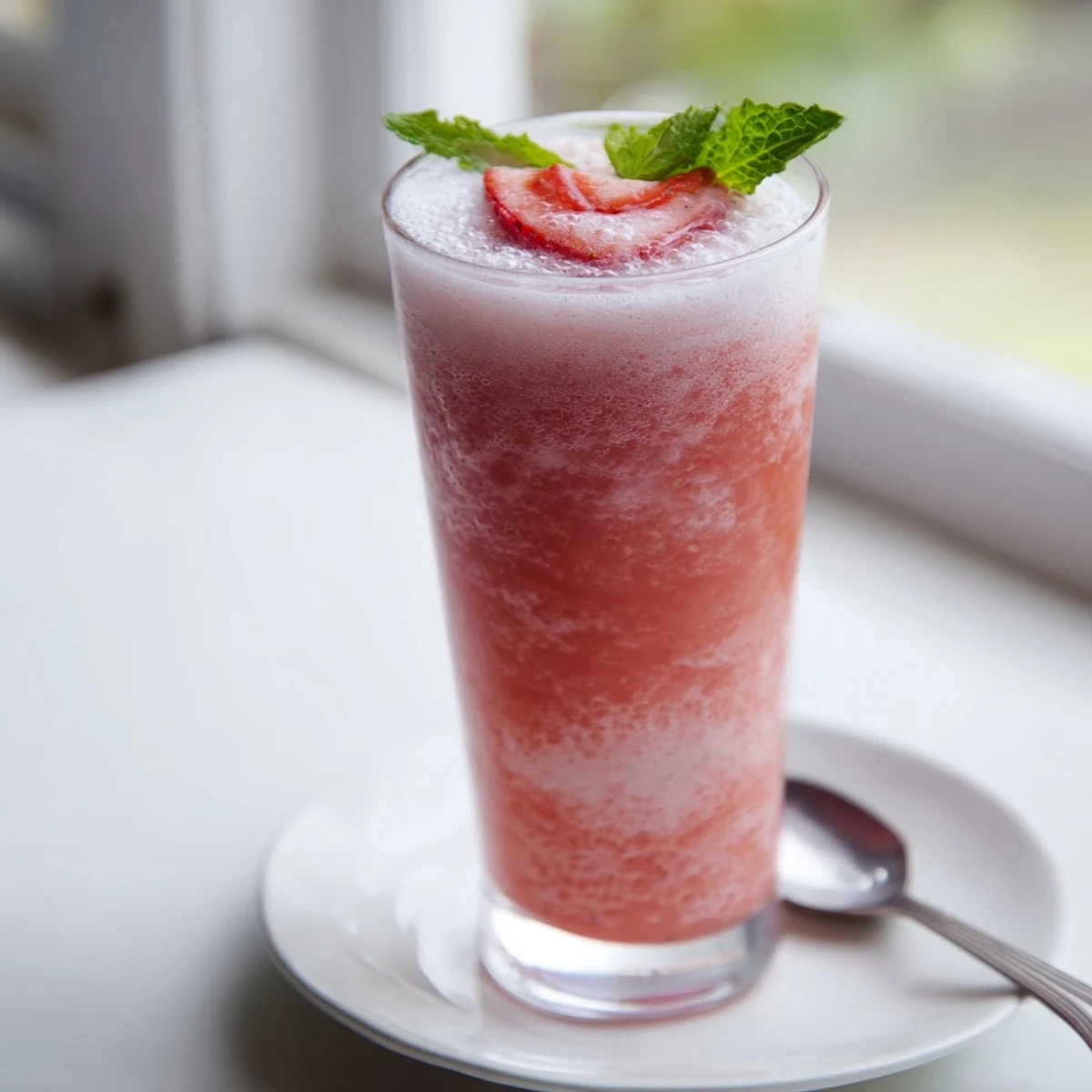 Refreshing Strawberry Coconut Cooler Recipe served in chilled glasses with sliced strawberries.  