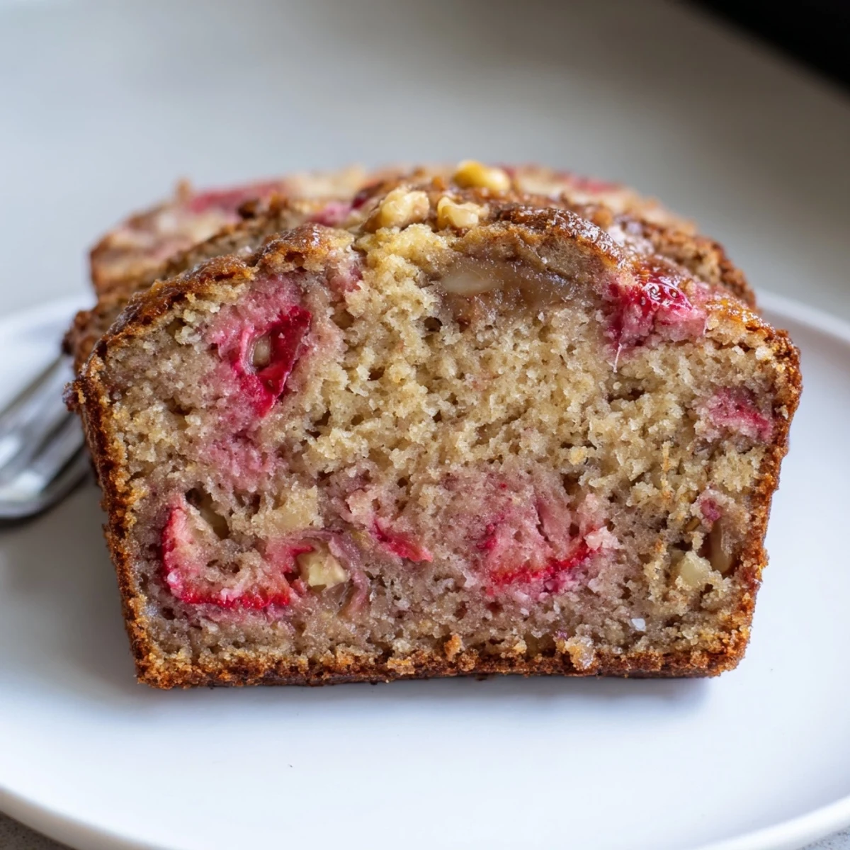 Warm Strawberry Banana Bread slice glistening, soft crumb, strawberries and butter
