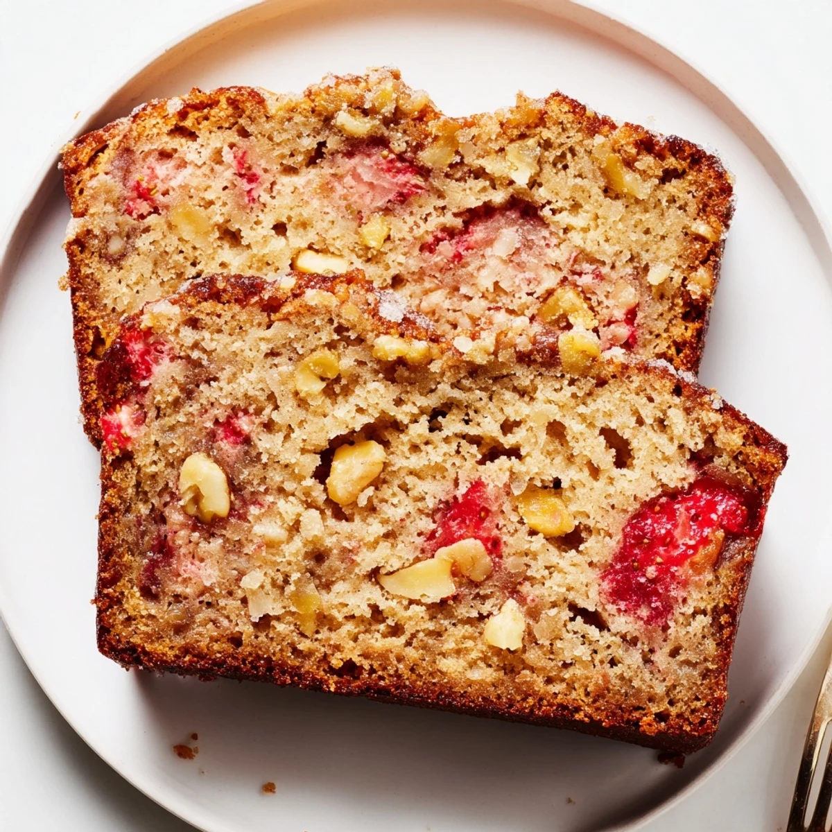 Loaf of Strawberry Banana Bread cooling on rack, fragrant vanilla aroma