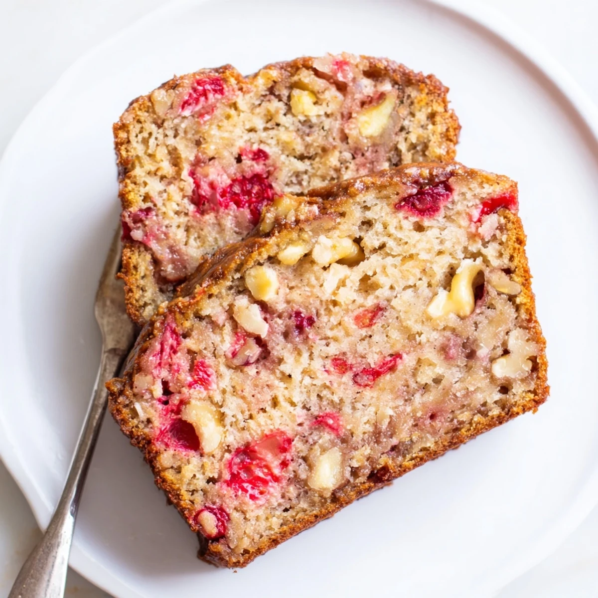 Sliced Strawberry Banana Bread served warm with honey drizzle, tender texture