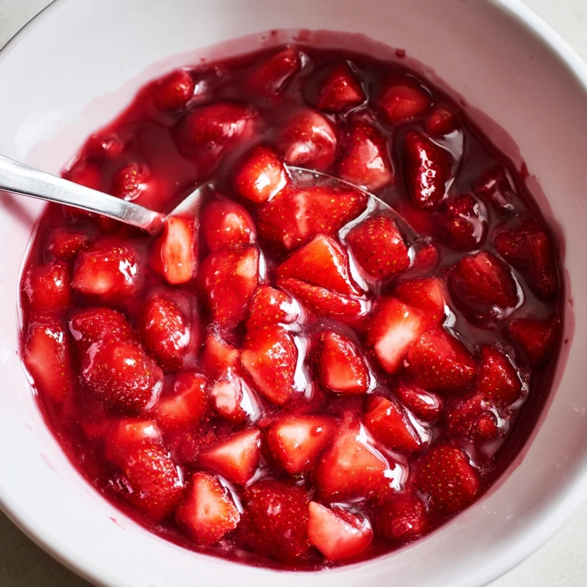 Homemade Strawberry Cake Filling Recipe spoonful layered between vanilla cake slices