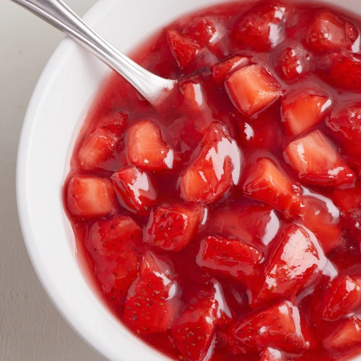 Strawberry cake filling recipe showing glossy red filling cooling in saucepan